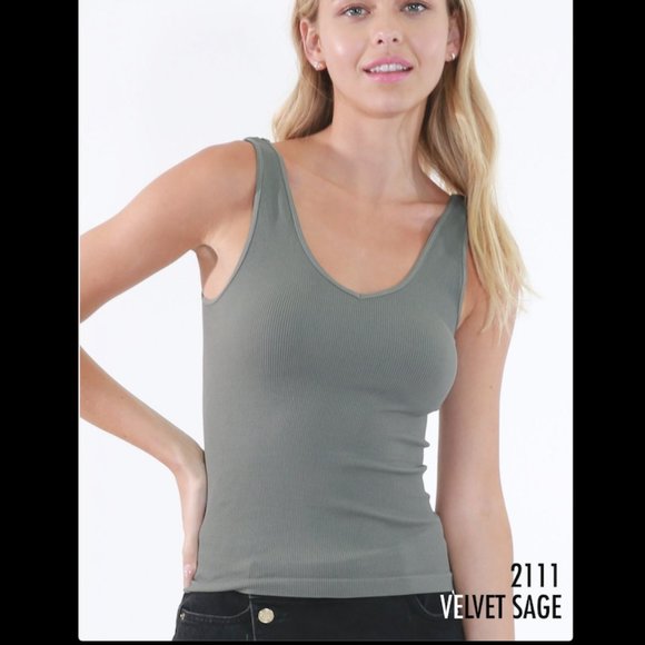 NEW Sage Green Reversible Tight Ribbed Vee and Scoop Tank Top - Picture 1 of 3